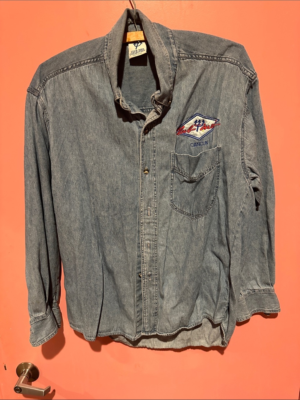 Vintage Light Blue Denim Button-Down Shirt with Embroidered Pocket - Cancun